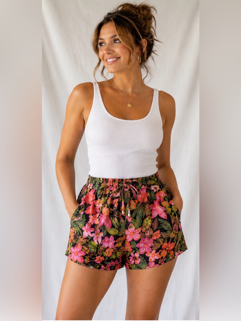 58 Terra & Sky Tropical Floral Linen Blend Shorts 14W Pink Hawaiian Drawstring